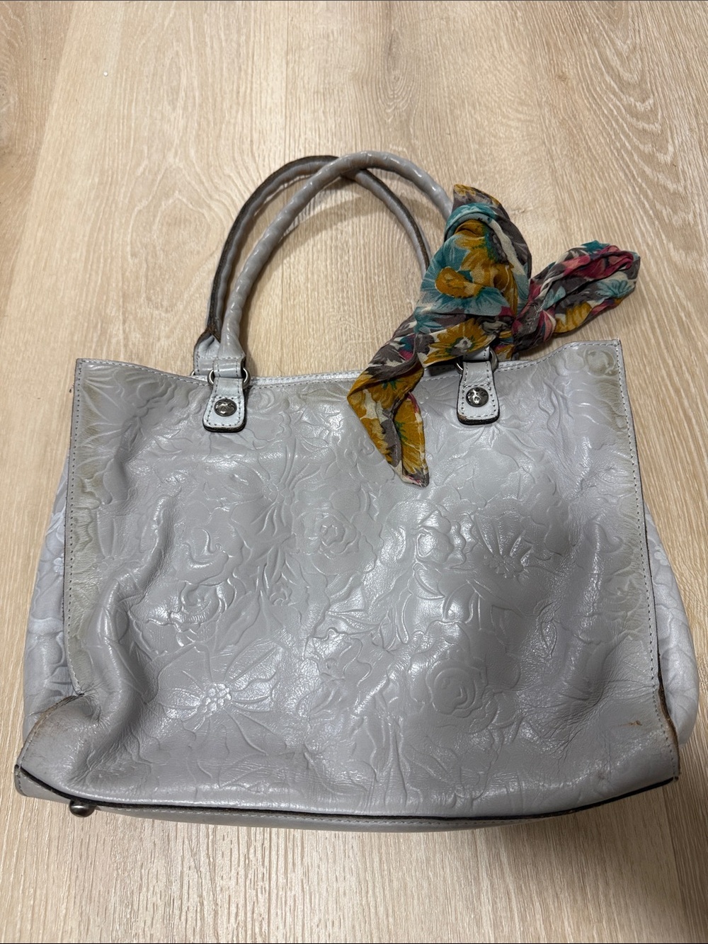 Patricia Nash Light Gray Embossed Leather Tote with Floral Scarf Accent